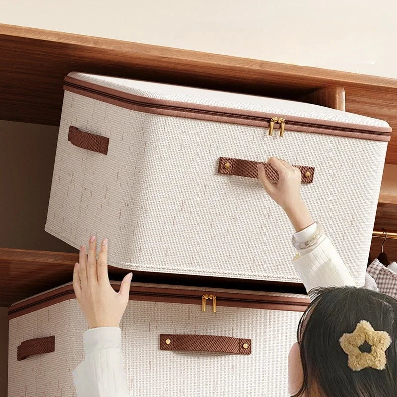 صناديق تخزين قطنية كتانية بغطاء - للملابس واللحف والمتفرقات