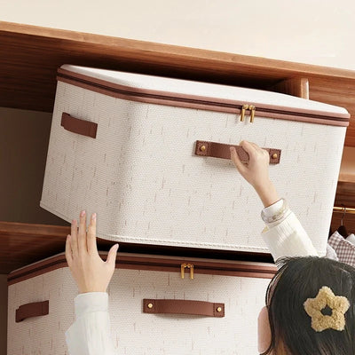 صناديق تخزين قطنية كتانية بغطاء - للملابس واللحف والمتفرقات